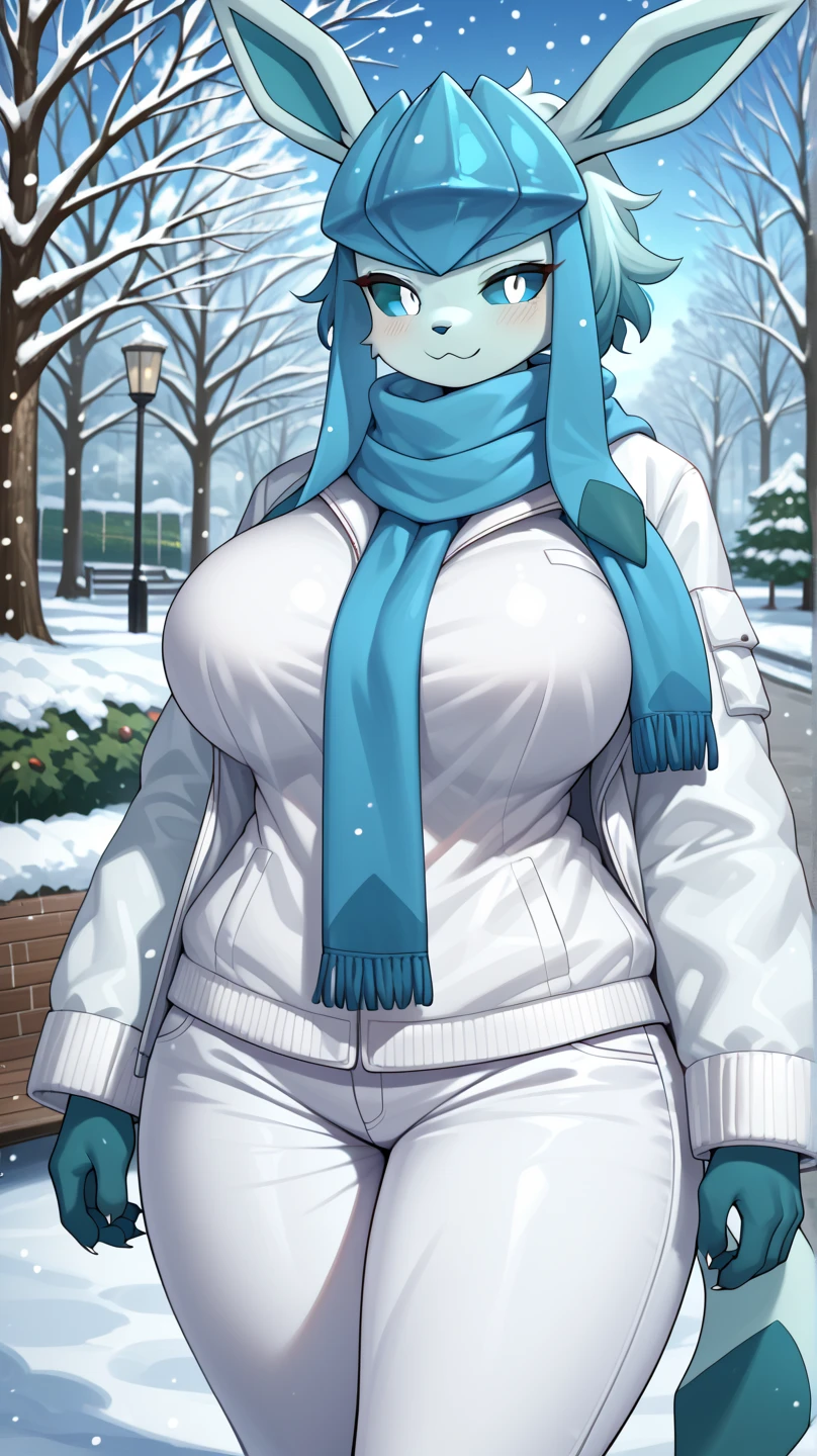 score_9, score_8_up, score_7_up, source_anime, source_furry, (beautiful, detailed background, digital artwork, digital art, well shaded artwork, depth, detailed artwork)1.2, 1girl, female, furry, anthro, glaceon, park setting, snowing, snow, medium breasts, natural breasts, wide hips, thick thighs, cyan hair, short hair, messy hair, blue sclera, white eyes, 30-year-old girl, (black winter coat, blue scarf, white baggy pants), huge breast, (wide hips 1.3), from author: zinfyu