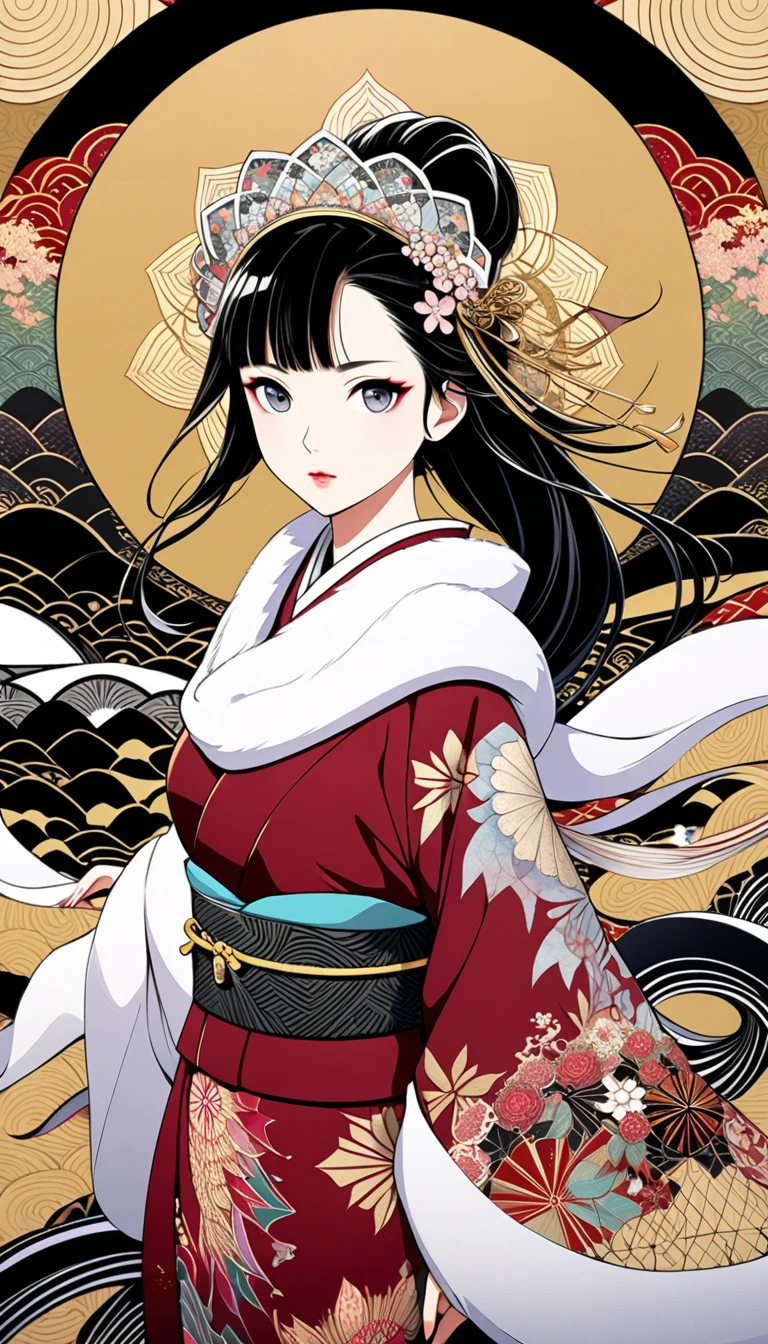 White fur stole, very beautiful red kimono, (((gold background, a plum world))), unity 8k wall paper, ultra-detailliert, Beautifully Aesthetic, top-quality, ( Zentangle, Mandala, Tangles, Tangles ), ( Fractal Art :1.3 ), A luxurious kimono with an ancient pattern, mink scarf draped over the shoulder, Her long sleeves dynamically wrap around the entire screen, A very luxurious headdress, The background is a minimalist white world accentuated with soft pastel colors rendered in the style of Sumi-e (Japanese ink painting), The composition should emphasize her dynamic pose from multiple angles creating an artistic and captivating image, Incorporate pastel watercolor touches in the background to create a mystical yet harmonious blend of monochrome ink and colorful watercolors, tattoo, kimono, Ukiyo-e, Abstractionism, depth of field, first-person view, pov, masterpiece, award winning