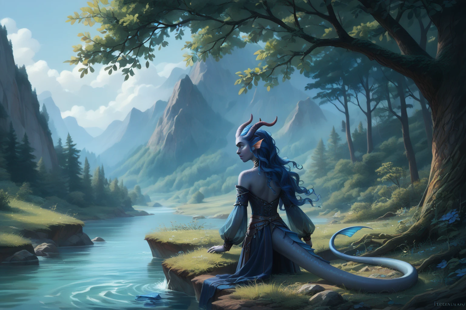 (cedar ), (1Тiefling ,  dark blue-gray skin :1.6), (looks from behind a tree from afar at an empty meadow by the shore:1.5), ( very thick long tiefling dragon tail :1.5), ( long black flowing hair with dark blue tips:1.4), ( the bright blue-black pigmentation on the face :1.5), (blue-black freckles :1.2), (small fins on the head:1.5), ( bright blue-grey pupils,  black eyes :1.4), ( blue-black pigmentation on the skin :1.5), ( dark grey straight short horns ), ( blue and black pigmentation on the tail :1.5), (kind face), (curiosity ), (35 years old:1.5), ( Adult girl:1.3) , (Deep look:1.2), [the raincoat at the waist ], (you can see pigmentation on his shoulder ), (chainmail), (tail protection), (tail behind ), ( medieval dark uniform canvas fur pants with fur on the legs :1.2), ( top quality ), ( masterpiece fails), [ is a large forest lake with calm waters], [ reflections of clouds and trees in the water], [koi carps fish in water ], ( highest detail), [ against the background of a deep thorny forest ,  prickly impassable black trees , a mountain cliff , water], ( against the background of a thicket ), [ against the background of a mountain stream ],  fantasy background, blue tones, Dark tones, dark shades,  muted colors. 
