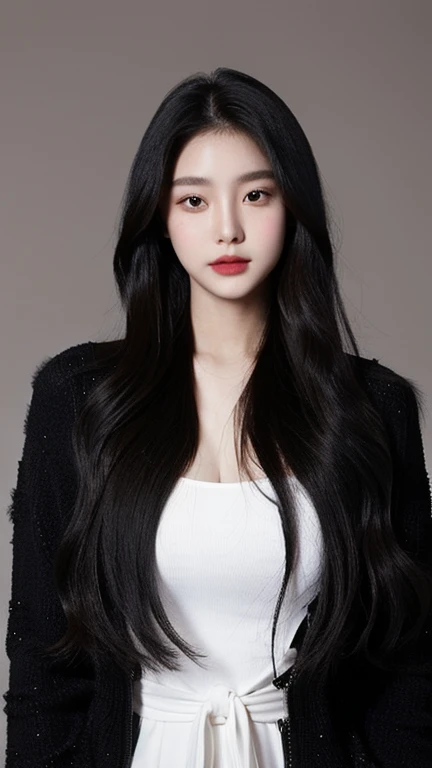 a close up of a woman with long black hair wearing a black tube dress, beautiful south korean woman, fierce eyes, almond-shaped, detailed face, detailed eyes, detailed nose, detailed lips, fox-like eyes, fox-shaped eyes, seulgi, kang seulgi, ulzzang, beautiful, perfect face, model, goddes beauty