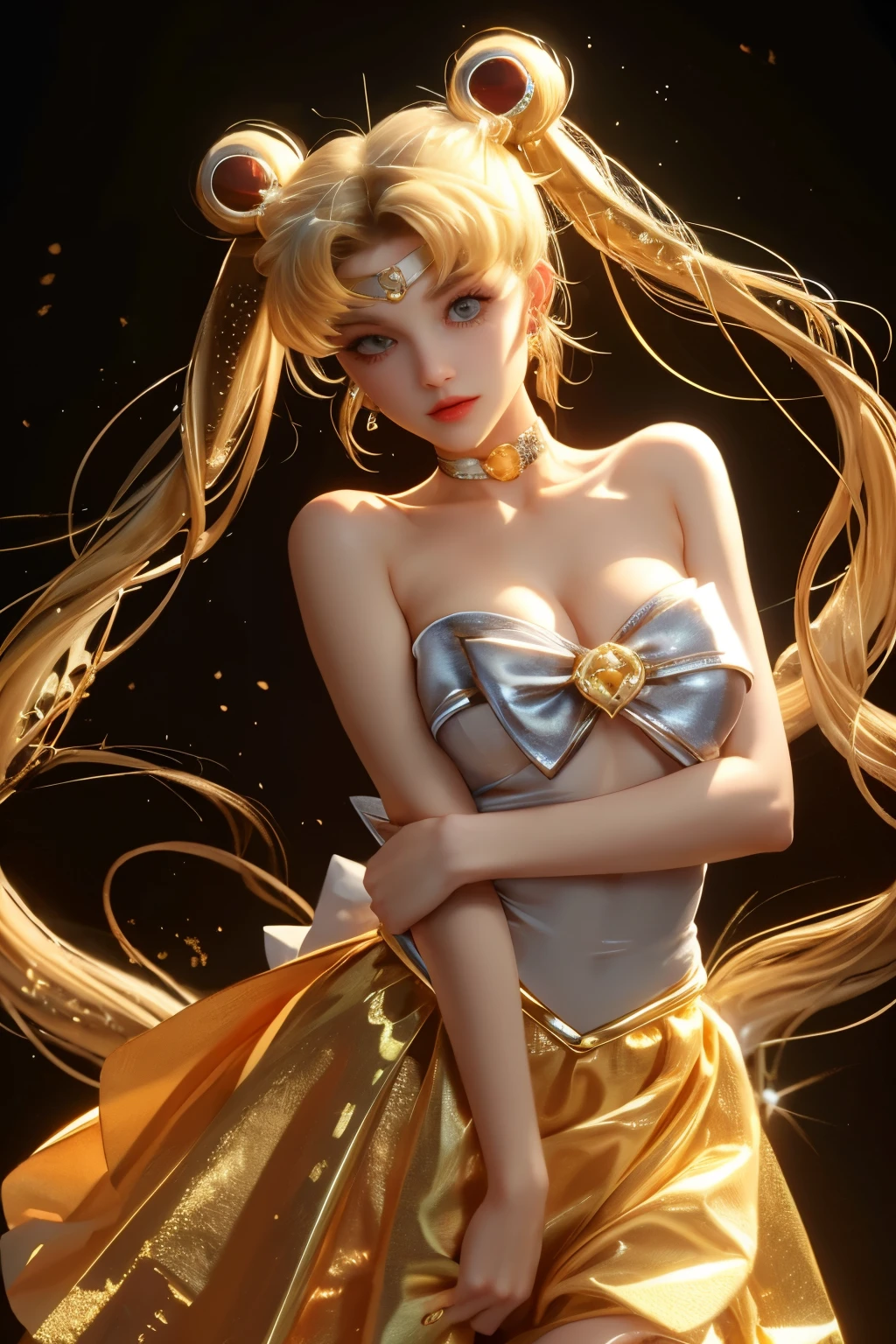 xuer Sailor Moon ,1 Girl, unique ,new moon,Tsukino Usagi, long hair, facial markings ,Hair Bun,new moon moon,jewelry,skirt,new moon facial markings ,earrings,very long hair,blond,Forehead Marker ,Double bun,whole body,moon,Twin ponytails,absurdly long hair,Strapless skirt,Bare shoulders,Strapless,Hair accessories, black background,Hold,Standing,breast,Star \(symbol\),Shut up,clavicle,
High gloss ,extremely beautiful skin,natural skin texture,(pale skin, True_skin),(Milky skin:1.2),(shiny skin:1.4),