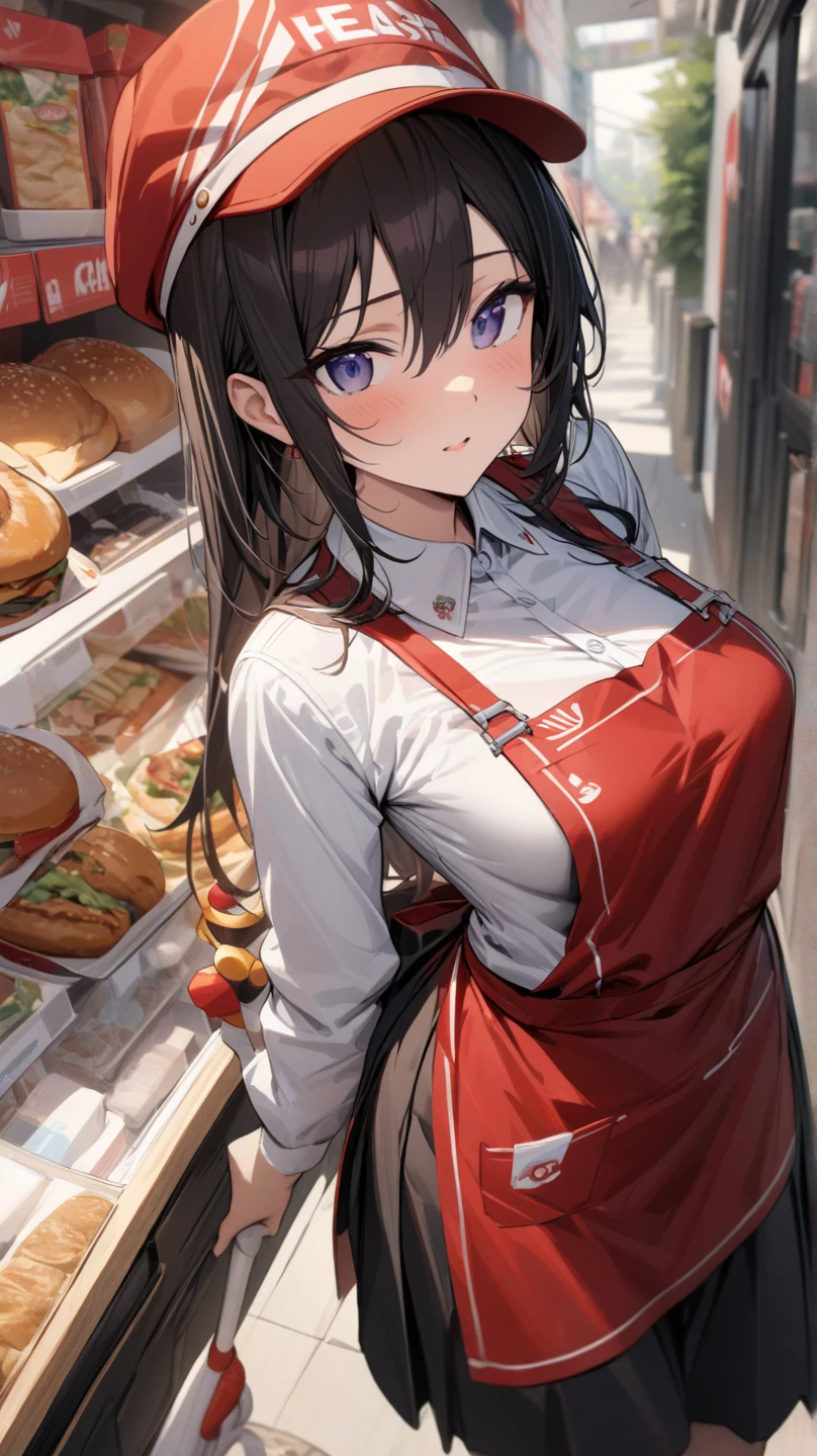 A girl works at a barbecue restaurant at night,(Wearing a light blue shirt dress:1.4),long dark hairs,Qi bangs。(the whole body:1.4) ,master masterpiece,8K,ultra hd picture quality