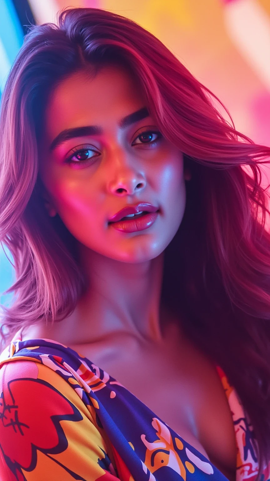 Vibrant portrait of a woman surrounded by swirling neon lights in shades of pink, blue, and yellow, casting dynamic reflections on her detailed face. Her hair flows freely, dyed in an ombre of bold colors. She wears a modern, artistic outfit with vivid patterns resembling abstract art. The background is an explosion of color, blending softly into a kaleidoscope-like gradient, creating a lively, electric atmosphere