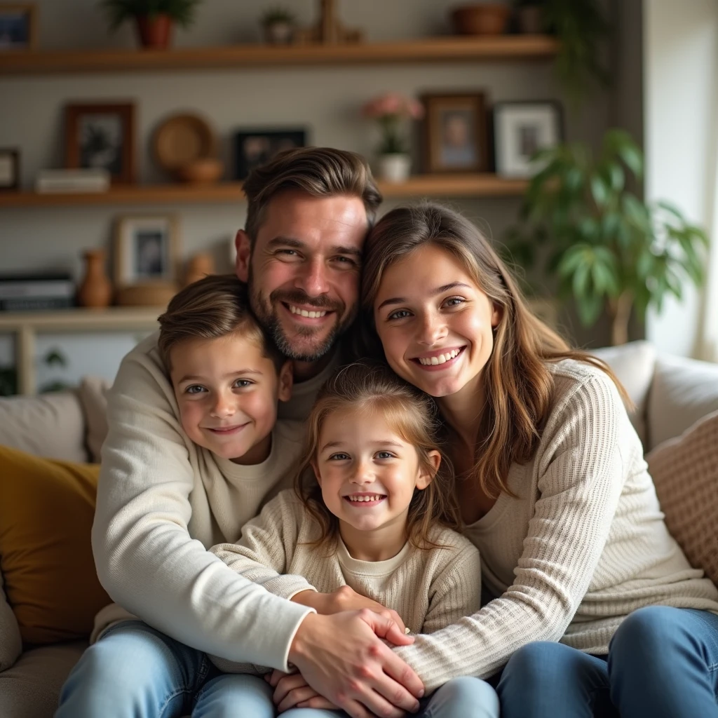 A happy girl with two children and a handsome husband in her house two floor