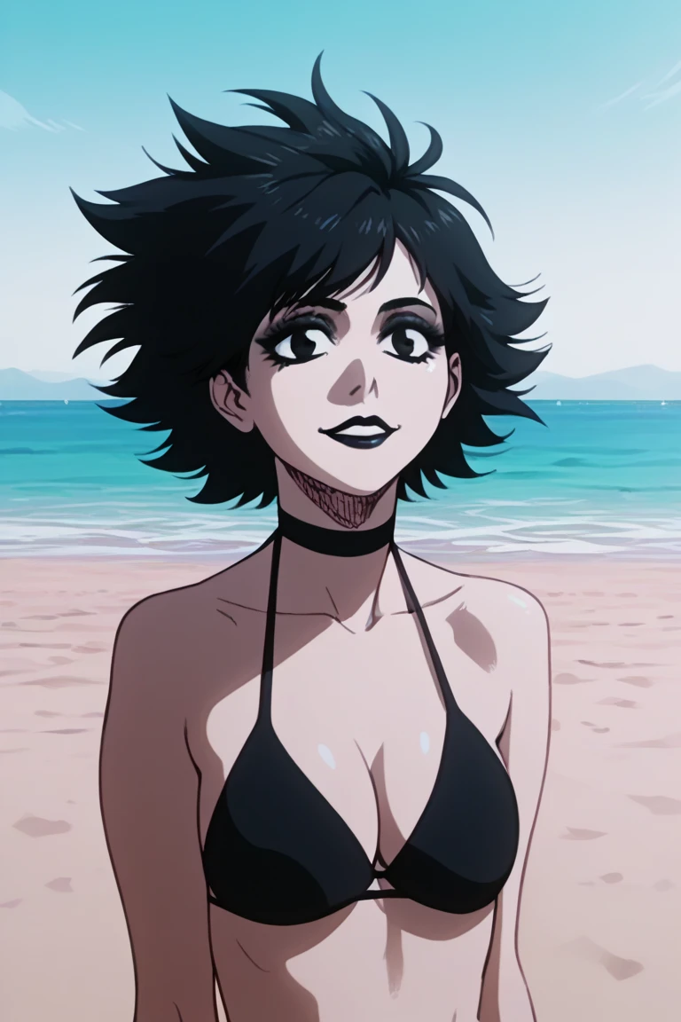  very white goth woman with half short and messy black hair, happy, black eyes and lips wearing black , medium short and messy black-haired ankh ,  turned on her back talking to someone , perfect bum, beach background,  anime style  