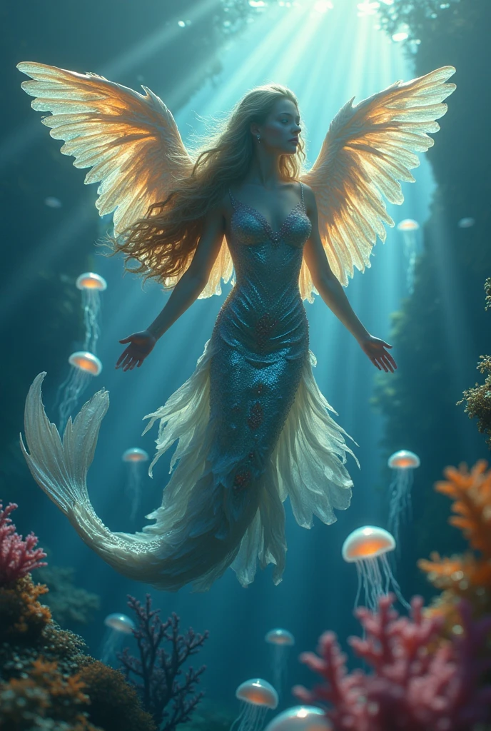 (best quality, 128k,highres,masterpiece:1.2),ultra-detailed,(realistic,photorealistic,photo-realistic:1.37), ((masterpiece)) ((photography)) ((Highest quality)) A hyper-realistic illustration of an angelic mermaid deep in the ocean. She has large, majestic feathered wings that shimmer with a soft iridescence, blending harmoniously with her scales that glisten like polished gemstones. Her long, flowing hair moves gracefully in the water, and her serene expression radiates a divine presence. The scene is enriched with glowing jellyfish, colorful corals, and faint rays of light piercing through the water, creating a magical and ethereal atmosphere in the depths of the sea.