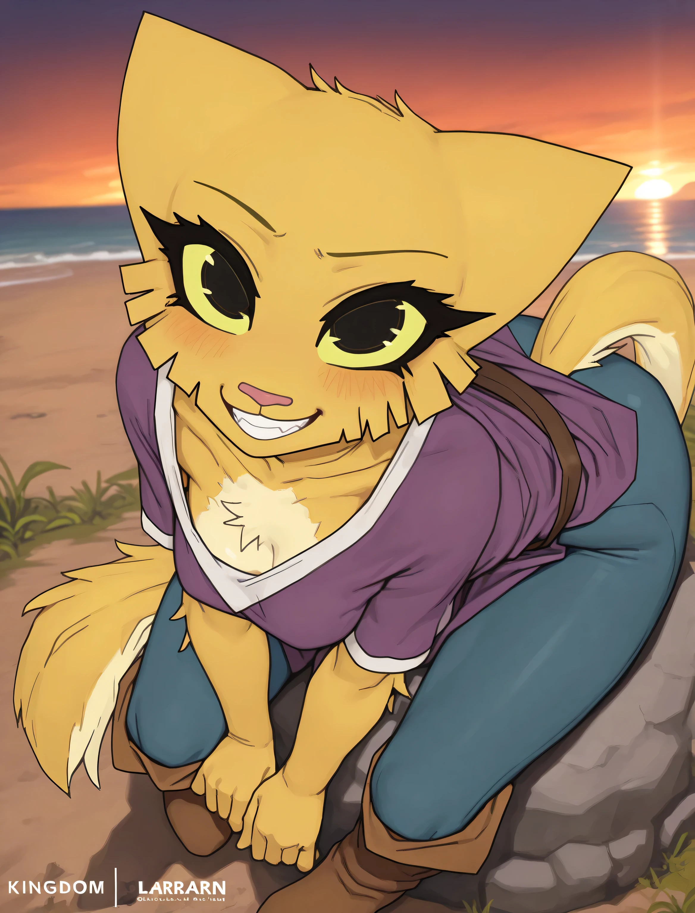 ((katia managan)), ((masterpiece)), ((high resolution)), ((cartoon style)), ((solo portrait)), {(attractive figure), (skinny body), (yellow fur), (pink nose), (long yellow tail), (pointed ears), (cute black eyes), (yellow sclera), (sharp eyelashes), (cute grin)}, {(purple tunic shirt), (tight blue pants), (brown boots)}, {(sitting on rock), (looking at viewer)}, ((kingdom in background)), ((sunset)),