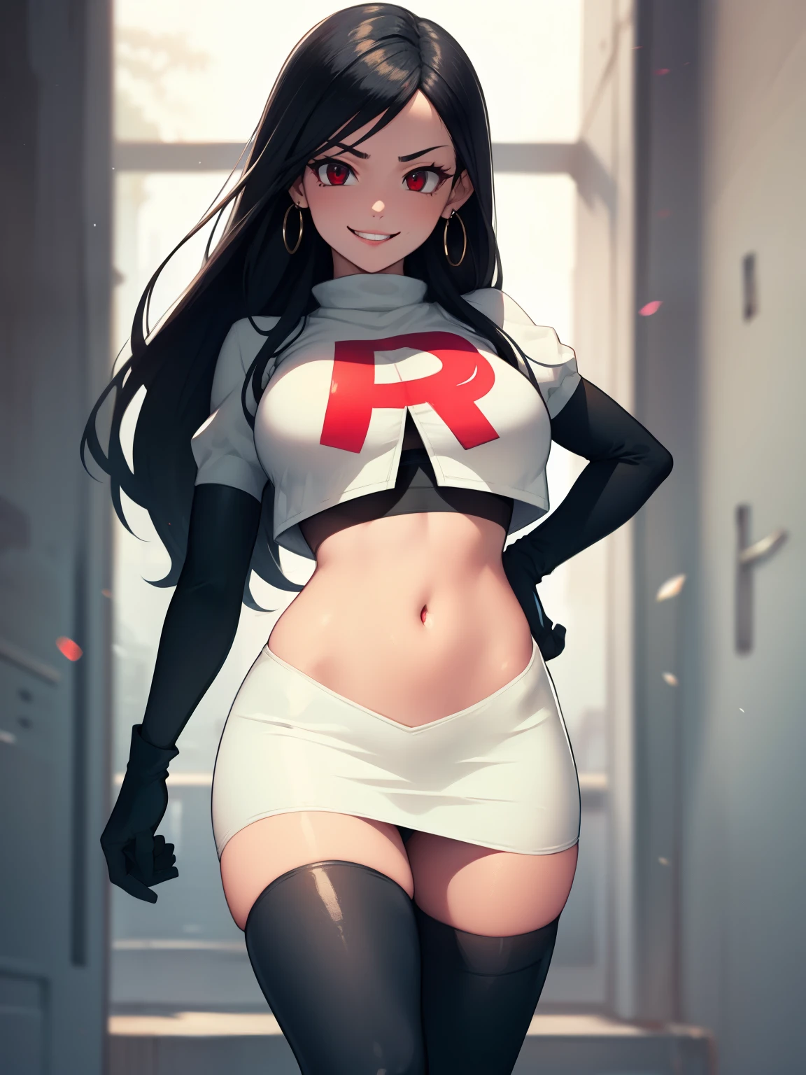 (masterpiece, best quality:1.2), blackfire, 1girl, solo, breasts, dark skin, team rocket,team rocket uniform,white skirt,red letter R,crop top,black thigh-highs,black elbow gloves