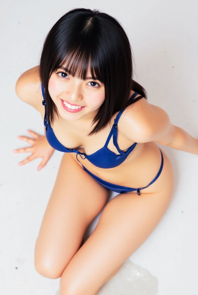 (NSFW),　((Narrow face))、((Straighten your back))、(((small tits)))、 (((Front view)))、(((Silver metallic)))、(((maikurobikini)))、(high-definition CG unified 8K wallpapers), (​masterpiece), (top-quality), (ultra-detailliert), (Best Illustration), (Best Shadow), (Photorealsitic: 1.4), (pureerosface_v1:0.5), Realistic human skin, lensflare, Shade, in backlight, depth of fields, natural soft light, Hard Focus, film grains,　((Cameltoe)), Staring at the viewer, girl with, 12year old, 独奏, skiny, de pele branca, Soft lips, (Bright eyebrows: 1.4), shiny brown eyes, (((With bangs)))、(((Bun　A dark-haired:1.1)))、(flat breast)、(shinny skin)、(red blush)、(A smile:1.3)、(embarrassed from)、beautiful finely detailed eyes、(((Squatting on the ground)))、(((Crotch wide open from side to side)))、(((Open legs)))、(((Arms behind your head))、(((Show off your armpits)))、(((Black High Socks))))、(((Brown loafers)))、((Sweat))、Staring at the viewer、 ((Turn the front of your body towards the viewer)、((Open your crotch wide to the viewer))、Facing the front of the camera、profetional lighting、Professional filming、(((Large park)))、natural soft light、