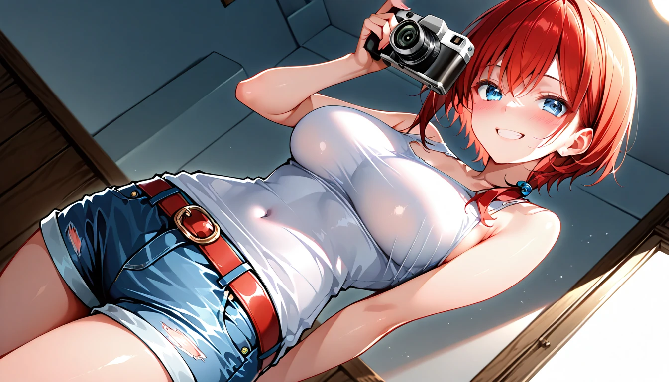  best quality , Detailed image, Brilliant anime-style 、20 generation beauty, sleeveless,Short jeans , hot smile looking at the camera, cowboy shots,(全身shot:1.4)