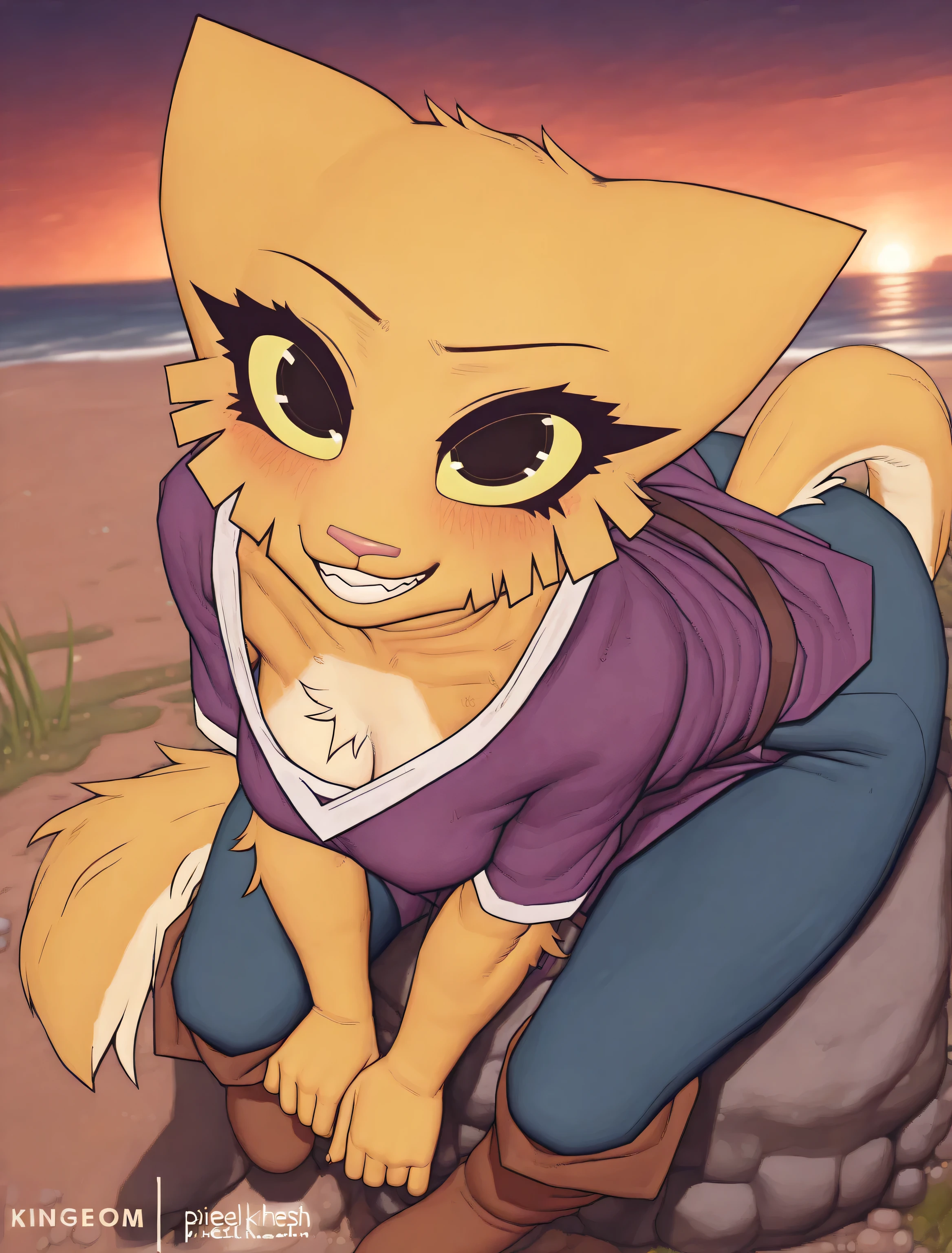 ((katia managan)), ((pixelsketcher)), ((meesh)), ((masterpiece)), ((high resolution)), ((cartoon style)), ((solo portrait)), {(attractive figure), (skinny body), (yellow fur), (pink nose), (long yellow tail), (pointed ears), (cute black eyes), (yellow sclera), (sharp eyelashes), (cute grin)}, {(purple tunic shirt), (tight blue pants), (brown boots)}, {(sitting on rock), (looking at viewer)}, ((kingdom in background)), ((sunset)),