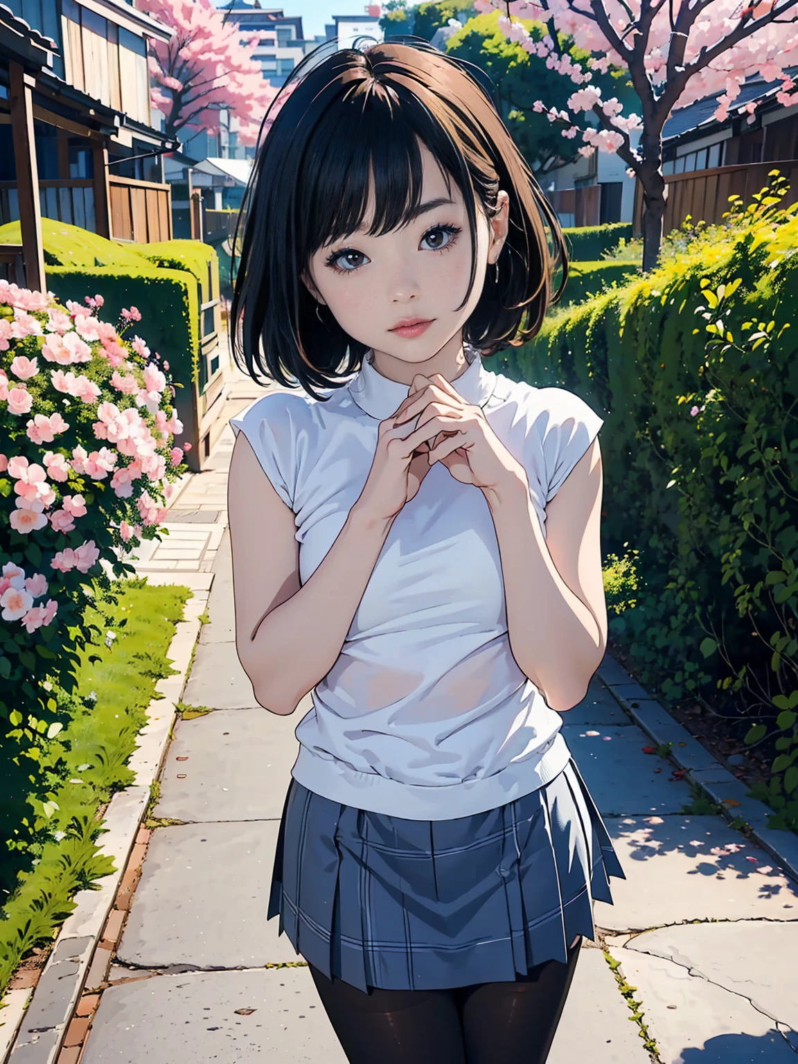 (child),highest quality,Beautiful face in every detail,cute,Dark brown eyes,(背の低いcute女の子,Small young student,Young delicate girl),(masterpiece,Top quality),Black Hair,Sleepy expression,Short sleeve white shirt,Plaid white skirt