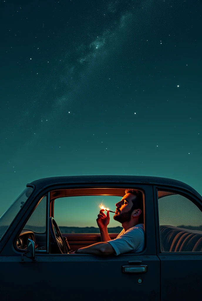 A man holding the steering wheel with one hand and a marijuana cigarette in the other, in the man's vision he is driving in space with lots of stars and planets.