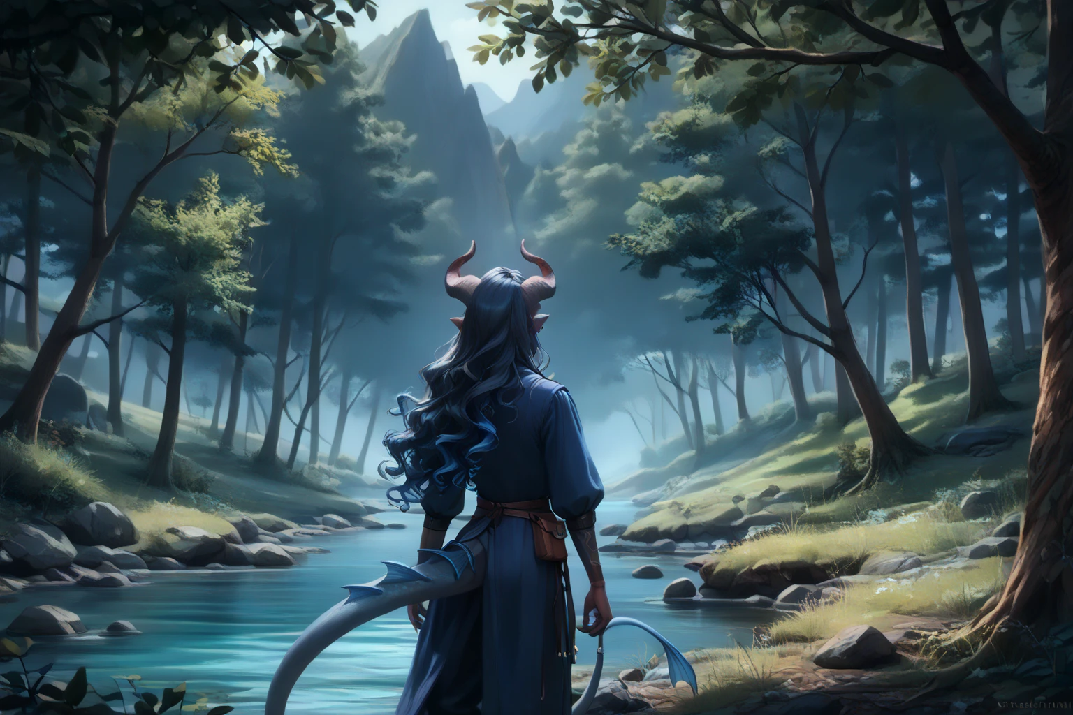 (cedar ), (1Тiefling ,  dark blue-gray skin :1.6), (looks from behind the tree on the edge on the right from afar into an empty meadow by the shore:1.5), ( very thick long tiefling dragon tail :1.5), ( long black flowing hair with dark blue tips:1.4), ( the bright blue-black pigmentation on the face :1.5), (blue-black freckles :1.2), (small fins on the head:1.5), ( bright blue-grey pupils,  black eyes :1.4), ( blue-black pigmentation on the skin :1.5), ( dark grey straight short horns ), ( blue and black pigmentation on the tail :1.5), (kind face), (curiosity ), (35 years old:1.5), ( Adult girl:1.3) , (Deep look:1.2), [the raincoat at the waist ], (you can see pigmentation on his shoulder ), (chainmail), (tail protection), (tail behind ), (medieval dark uniform canvas fur pants with fur on the legs:1.2), ( top quality ), ( masterpiece fails), [ is a large forest lake with calm waters], [ reflections of clouds and trees in the water], [koi carps fish in water ], ( highest detail), [ against the background of a deep thorny forest ,  prickly impassable black trees , a mountain cliff , water], ( against the background of a thicket ), [ against the background of a mountain stream ],  fantasy background, blue tones, Dark tones, dark shades,  muted colors. 
