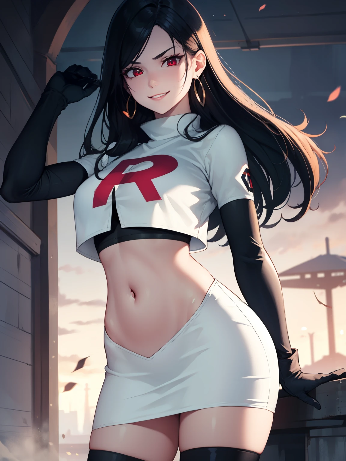 tifa ff7, black hair, long hair, red eyes ,glossy lips, light makeup, eye shadow, earrings ,team rocket,team rocket uniform, red letter R, white skirt,white crop top,black thigh-high boots, black elbow gloves, evil smile look, looking down on viewer, pantie shot, hands on hips