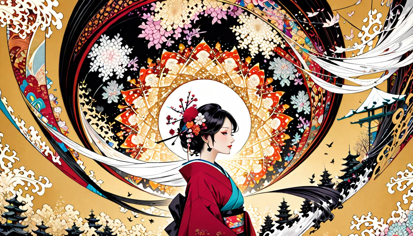 Wrap a white fur stole around your neck,  smile shyly, A large number of very beautiful Japanese umbrellas, chaos, very beautiful red kimono, (((gold background, a plum world))), unity 8k wall paper, ultra-detailliert, Beautifully Aesthetic, top-quality, ( Zentangle, Mandala, Tangles, Tangles ), ( Fractal Art :1.3 ), A luxurious kimono with an ancient pattern, mink scarf draped over the shoulder, Her long sleeves dynamically wrap around the entire screen, A very luxurious headdress, The background is a minimalist white world accentuated with soft pastel colors rendered in the style of Sumi-e (Japanese ink painting), The composition should emphasize her dynamic pose from multiple angles creating an artistic and captivating image, Incorporate pastel watercolor touches in the background to create a mystical yet harmonious blend of monochrome ink and colorful watercolors, tattoo, kimono, Ukiyo-e, Abstractionism, depth of field, first-person view, pov, masterpiece, award winning