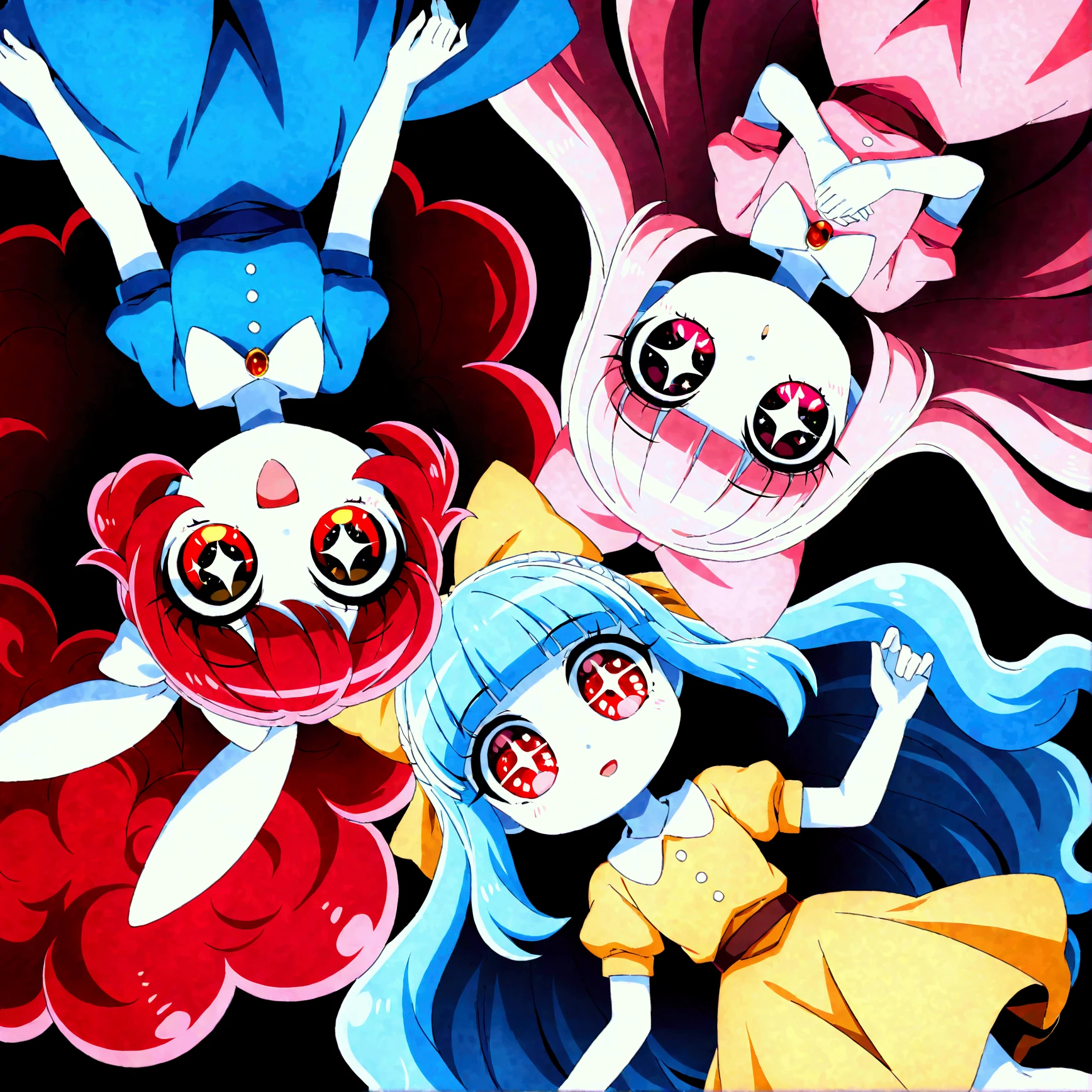 bird's eye view, (3girls lying down smiling:1.4). BREAK .1girl\(pink hair, very long hair , bangs, Fluffy White Rabbit,  Red Eyes,  Big Eye,  Beautiful sparkling eyes,  white skin, big hair bow ,   pink dress, at left\). BREAK .1girl\(Blue Hair,   touch very long hair , bangs, Fluffy White Rabbit, Red Eyes,  Big Eye,  Beautiful sparkling eyes,  white skin, big hair bow ,  blue dress,the bottom right\). BREAK .1girl\( blondes,  very long hair , bangs, Fluffy White Rabbit, Red Eyes,  Big Eye,  Beautiful sparkling eyes,  white skin, big hair bow ,   yellow dress, at top, body upside down\),  background with many heart symbols. masterpiece, best quality