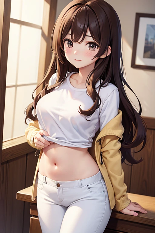 Takagi-san、Shiny brown hair, Long Hair,Forehead、Center part、 Beautiful brown eyes、smile、Sparkling eyes, (fine grain)、Very fine eye、Highly detailed face, Highly detailed eyes,
(masterpiece:1.3, Highest quality, 超High resolution, Super detailed), Cowboy Shot、 One woman,Highest quality, masterpiece, High resolution,
(Orange Flannel Shirt&White low rise skinny shorts with unbuttoned front:1.8)、((necklace、Wear earrings:1.5))、