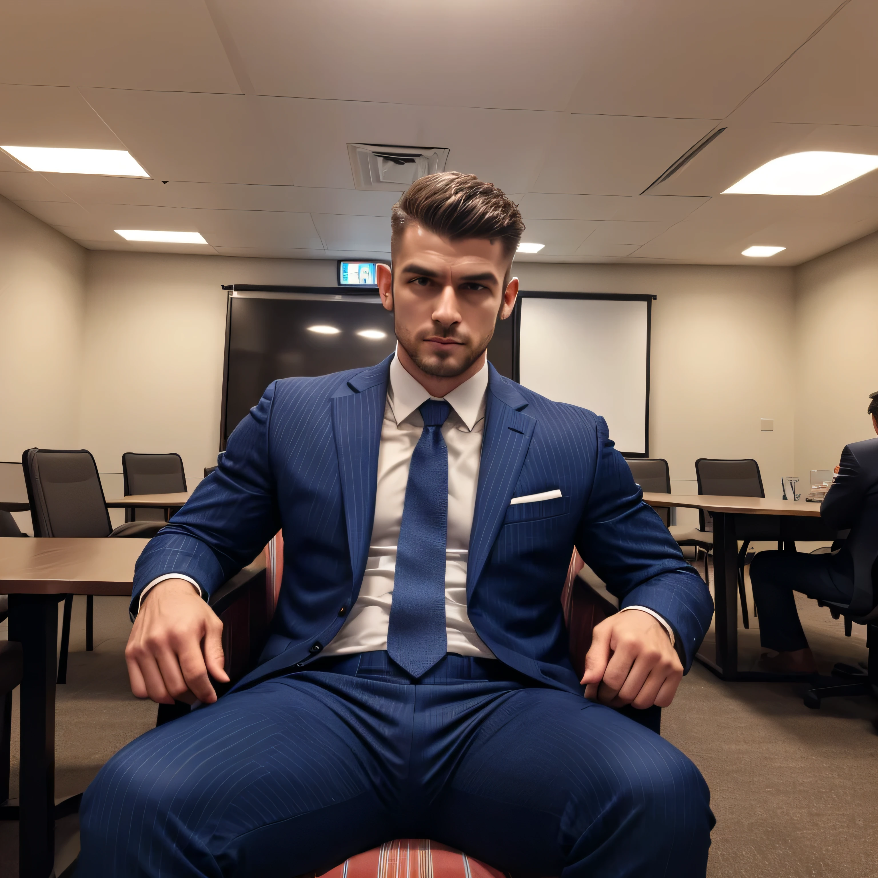 Age 30、1 Handsome Man 、 muscularity、 Turkish。 navy blue striped suit、 Meeting Room、 sitting on a chair。Short Hair、 short hair、 stubble upper body up Seen From Below。 Menacing look navy blue striped suit