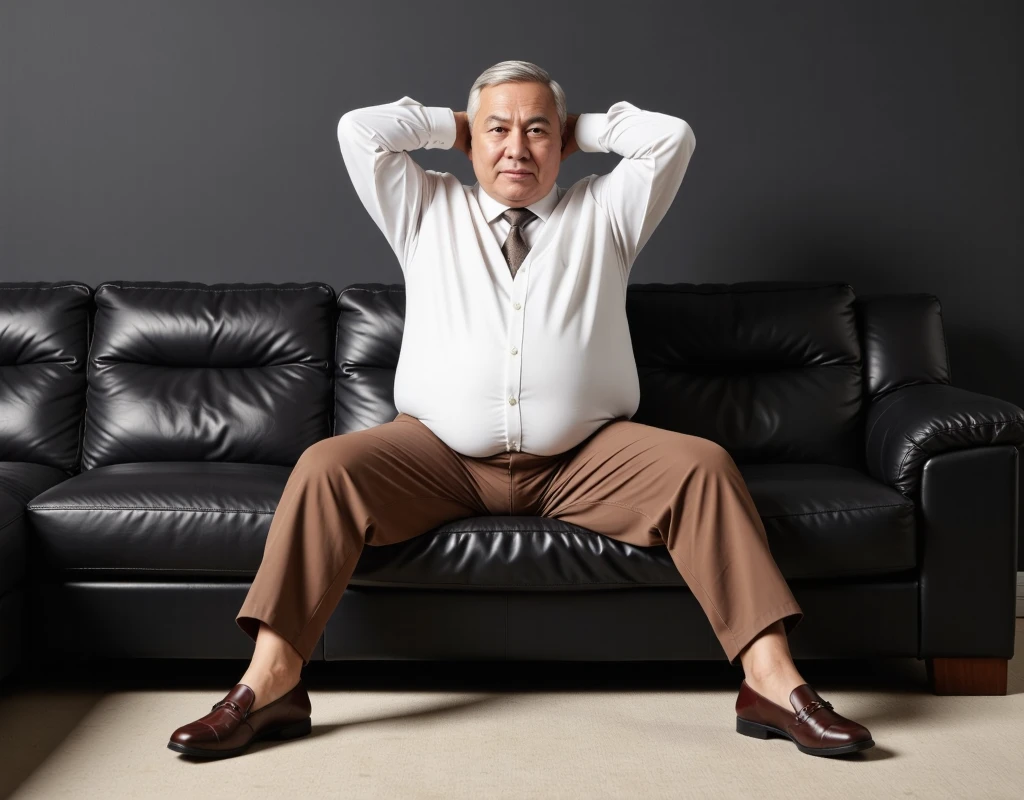 raw 4k photo, full body view, a 78 years old japanese old man, looking straight at viewer, big chubby fat, fat tummy short gray/white thinning hair, clean shaven, wearing white shirt and tie, a hugging tight brown colour trousers, brown loafer shoe, sit back on a big black leather sofa in his modern architecture livingroom, hands behind his head, Dark gray colour wall background, face looking straight at viewer, spread legs wide open, showing his small bulge, highly detailed bulge, large testicles print outline, highly detailed bulge with big penis print outline, shp highly detailed, exceptional realism, bright lighting, hyper realistic,, highly detailed, exceptional realism, highly detailed, hyper realistic
