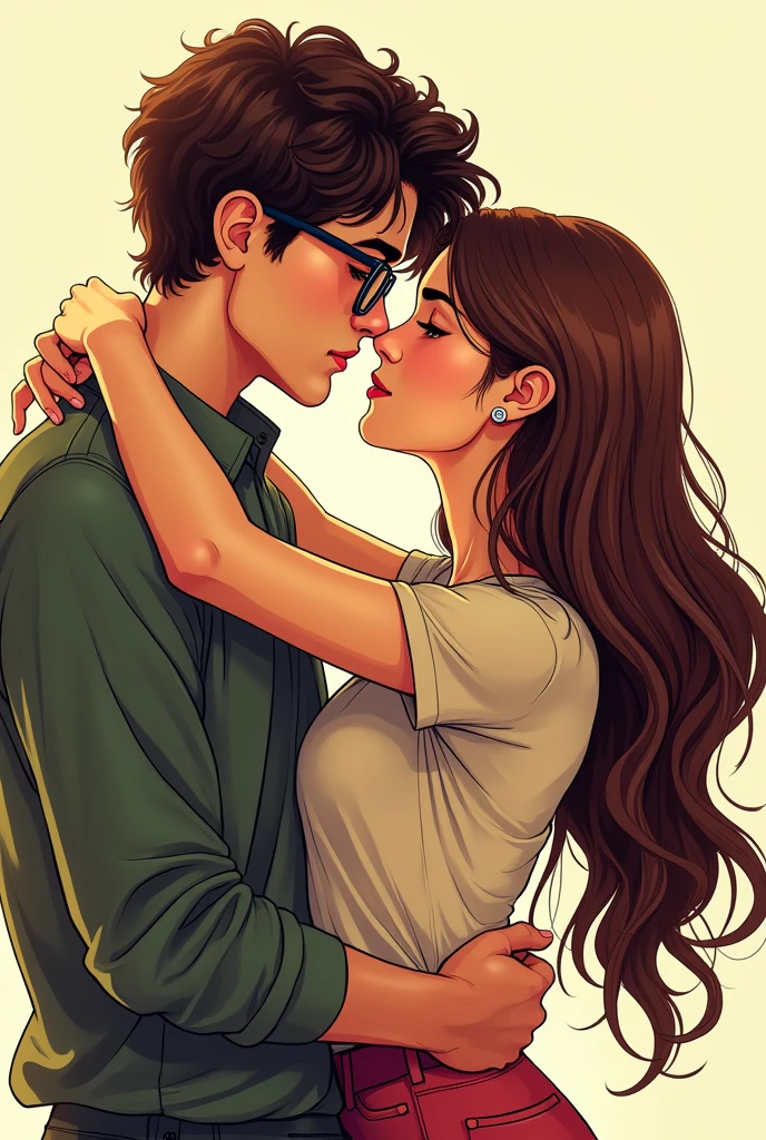 A brown haired man 20 YO in a t-shirt and a woman with glasses and green pants hugging berpelukan erat,romantis