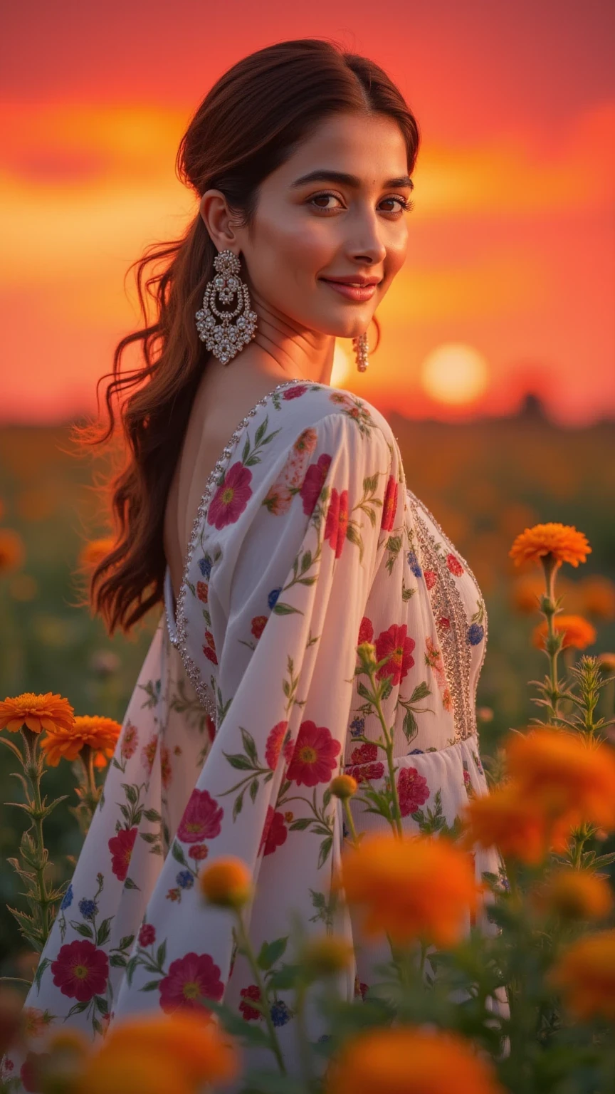 Radiant portrait of a woman standing against a vivid sunset, the sky painted in rich shades of red, orange, and violet. Her dress is flowing, adorned with multicolored floral patterns that seem to merge with the background. Her face is softly illuminated by the warm glow, and her serene smile reflects the tranquility of the moment. Bright wildflowers bloom in the foreground, adding layers of vibrant detail."