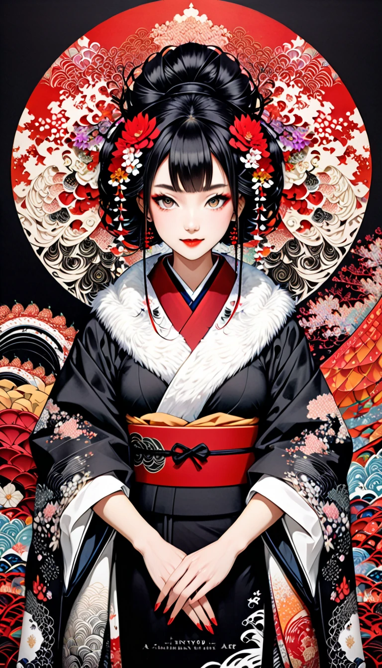 White fur stole,  smile shyly, A large number of very beautiful Japanese umbrellas, very beautiful pattern kimono, (((black background, a red world))), unity 8k wall paper, ultra-detailliert, Beautifully Aesthetic, top-quality, ( Zentangle, Mandala, Tangles, Tangles ), ( Fractal Art :1.3 ), A luxurious kimono with an ancient pattern, mink scarf draped over the shoulder, Her long sleeves dynamically wrap around the entire screen, A very luxurious headdress, The background is a minimalist white world accentuated with soft pastel colors rendered in the style of Sumi-e (Japanese ink painting), The composition should emphasize her dynamic pose from multiple angles creating an artistic and captivating image, Incorporate pastel watercolor touches in the background to create a mystical yet harmonious blend of monochrome ink and colorful watercolors, tattoo, kimono, Ukiyo-e, Abstractionism, depth of field, first-person view, pov, masterpiece, award winning