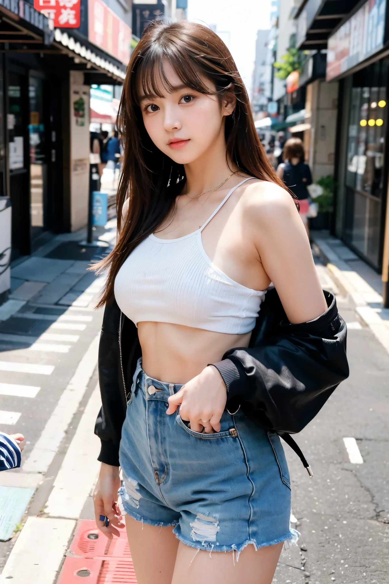 ((Best quality, 8K, Masterpiece :1.3)), Photorealsitic,1girll, with a good figure, Long legs,The upper part of the body, (long whitr hair, mediuml breasts:1.2), Clothes random, Super detailed face, A detailed eye, 二重まぶた,ssmile,(At the concert site:1.3),Random color clothes,Raised sexy,Listen to songs with headphones,cleavage,Face the lens,Fans