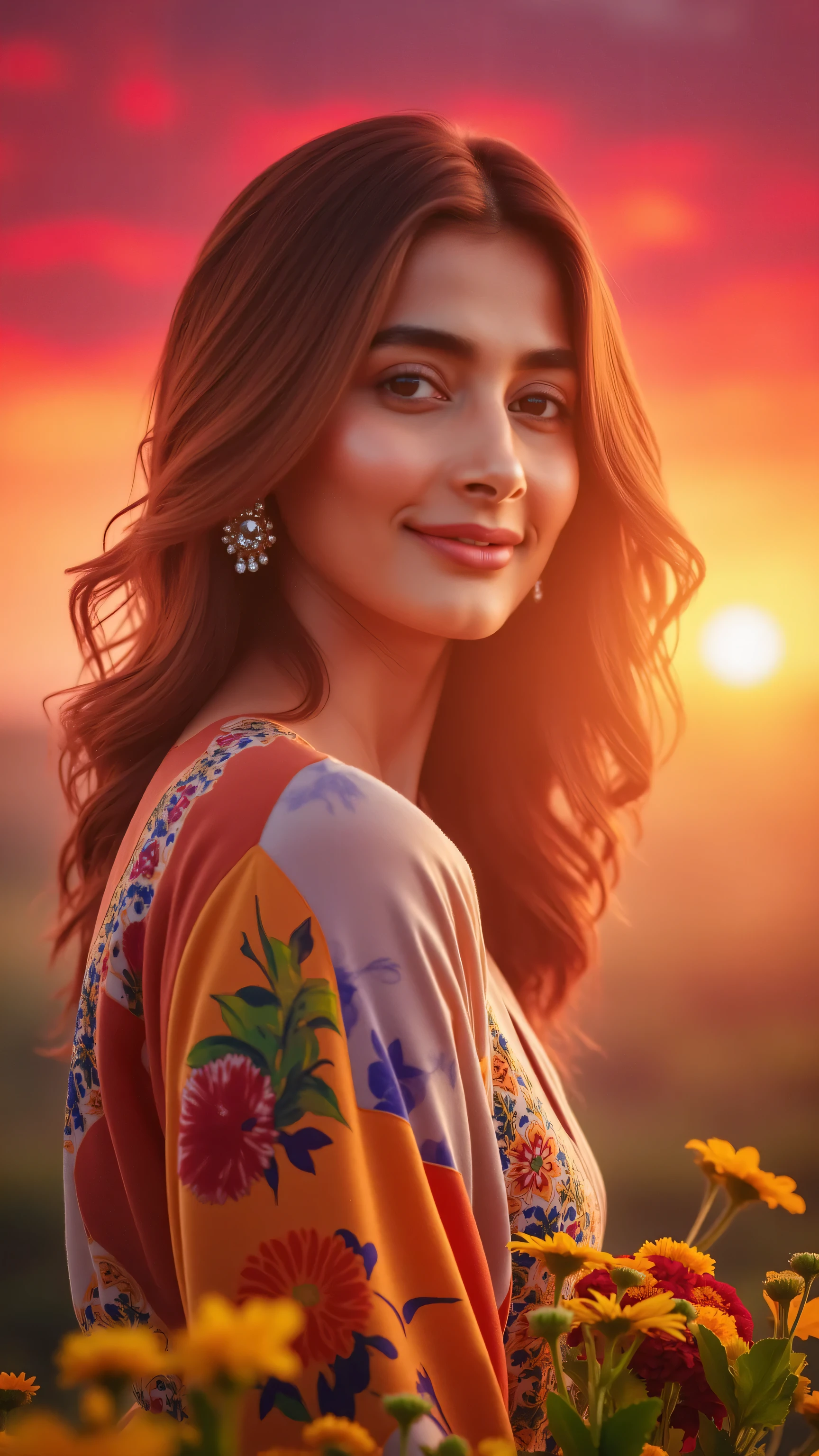Radiant portrait of a woman standing against a vivid sunset, the sky painted in rich shades of red, orange, and violet. Her dress is flowing, adorned with multicolored floral patterns that seem to merge with the background. Her face is softly illuminated by the warm glow, and her serene smile reflects the tranquility of the moment. Bright wildflowers bloom in the foreground, adding layers of vibrant detail."