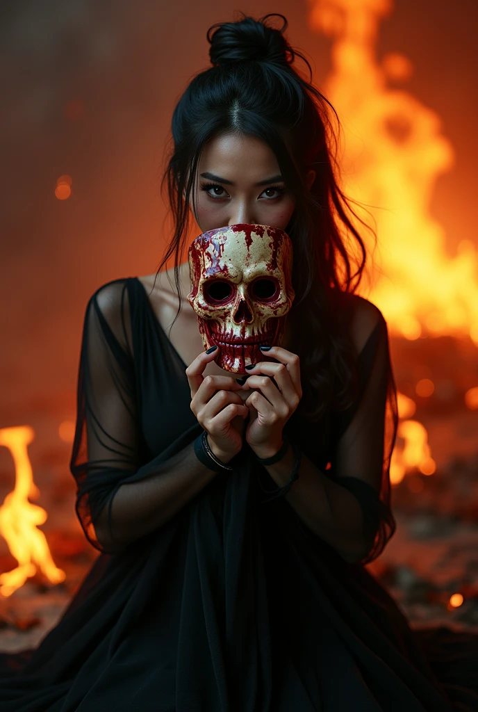 Punk skull with long hair blindfolded with blood stained blindfold. Crows behind her devour a decomposing body.
