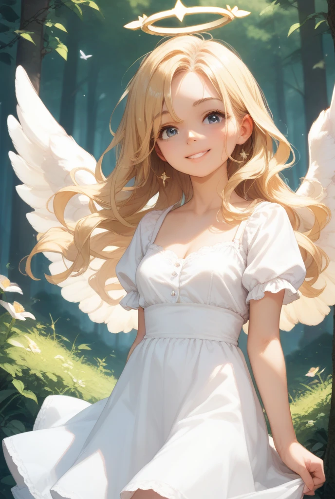 
1girl, solo, blonde_hair, wavy_hair, angel, angel_wings, halo, smile, runing, forest, white_dress