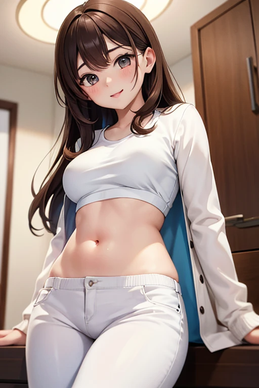 girl, Sweat, vapor, Center of chest, shy, Great hands, Looking at the audience, Cute Smile