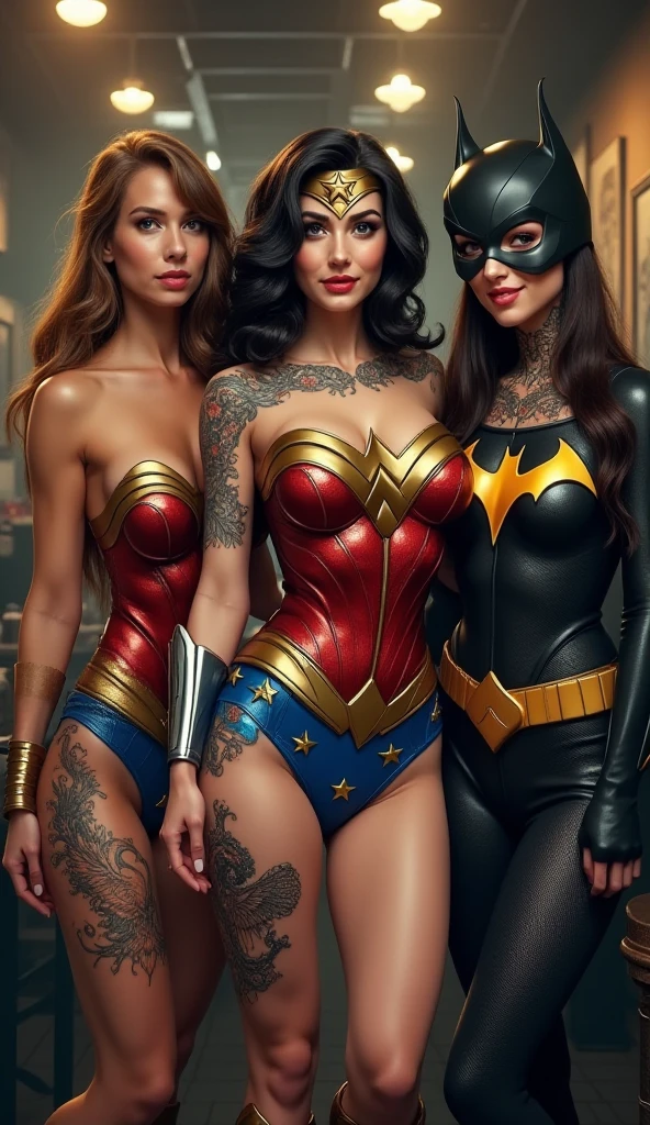 nsfw
3superheroines
3 beautiful sexy cosplay models wearing barely-there bondage-harness micro-cameltoe-bikini-costumes and heels standing side by side, full body view
wonder woman
supergirl
powergirl

supergirl should be the youngest, barely 18 insecure shy introverted wearing intense revealing red micropanties

wonder woman should be voluptuous and extroverted

powergirl should be full breasted and look like margot robbie

cameltoe, pussy-thong, pussy-wedgie, shaved smooth pussy
hair blowing in the wind, ultra-pornstar make up
 in desolate collapsed building concrete debris and rubble, dynamic pose ready for battle, huge explosions and fire in the background, low-angle shot, wide-angle shot, handheld shot, dramatic angle, extreme angle shot