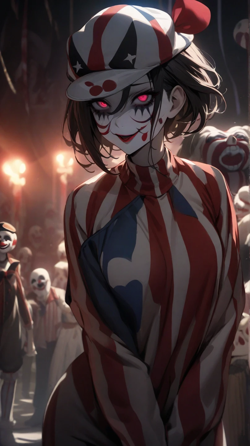 ((Highest quality)), ((masterpiece)), (detailed), (Perfect Face)、The woman is Aoki Reika, with medium-long black hair, white skin, a red round nose, creepy clown makeup, a clown costume and a jester hat.、The woman is brainwashed by an evil, creepy clown and becomes a member of an evil, lewd clown circus.