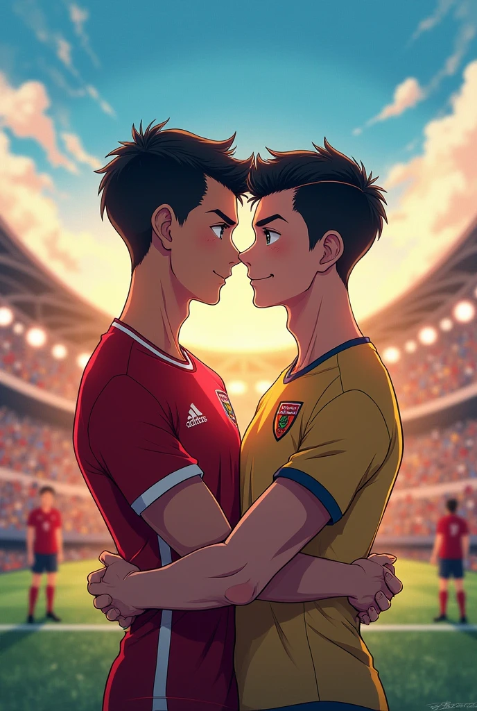 Young Japanese rugby player A and Japanese rugby player B。A has a buzz cut and dark skin、Muscular。Wearing sleeveless rugby uniforms。B has short hair and is a muscular jock。A and B kissed after a rugby match.、Hug each other tightly