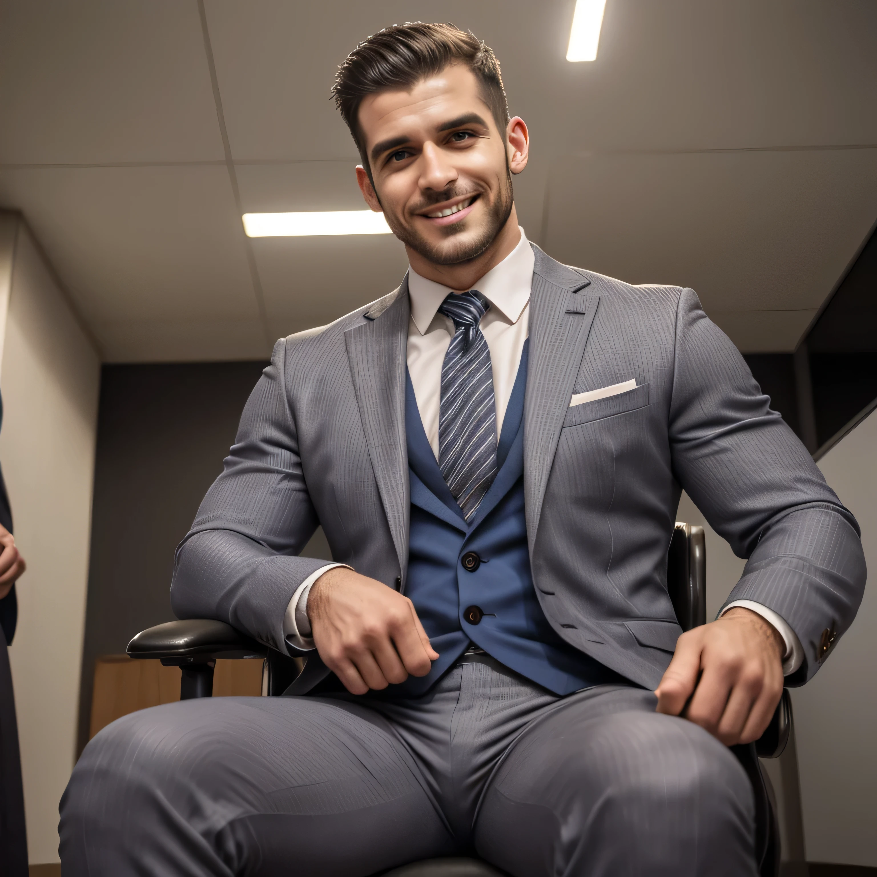 Age 30、1 Handsome Man 、 muscularity、 Iraqi。 grey striped suit 、 Meeting Room、  sitting on a chair。Short Hair、 short hair、 stubble　 upper body up　 Seen From Below。　Menacing look　grey striped suit 　front　Smile