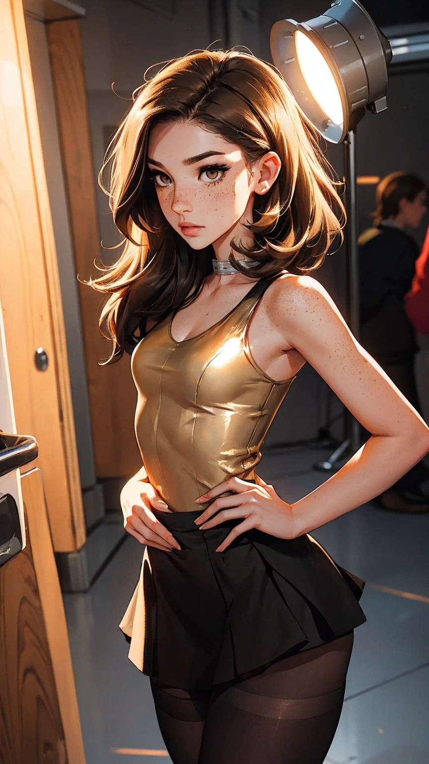 （lifelike， high - resolution：1.3）， 1 girl with a perfect body，slender body, Suprenme face and eyes， blaire ivory, lena anderson, (dark eyelashes, eyeliner), shoulder length  hair, freckles, golden brown  hair with dark roots, shoulder length hair, skinny, petite, long torso, abdomen, torn pantyhose under miniskirt. (prostitute, sexy outfit), small breasts, (((ringlight)))