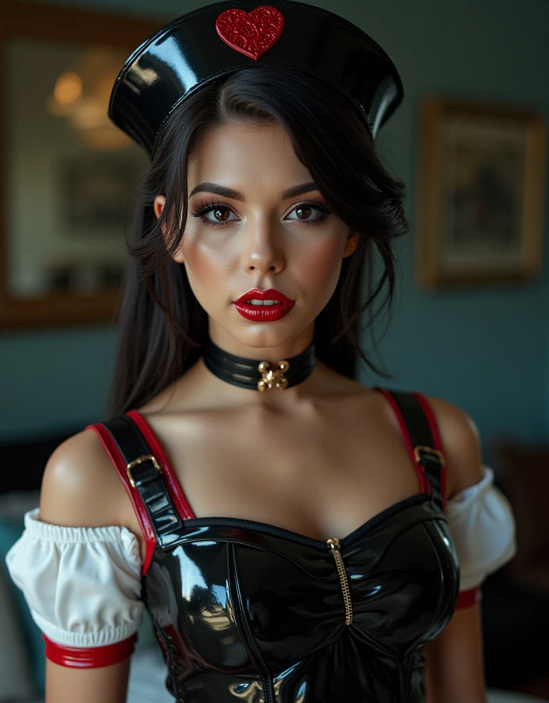 portrait of a Victorian nurse wearing a latex uniform, she is wearing red lip gloss, latex, kinky latex, latex choker, nurse hat, deep red lip vinyl gloss