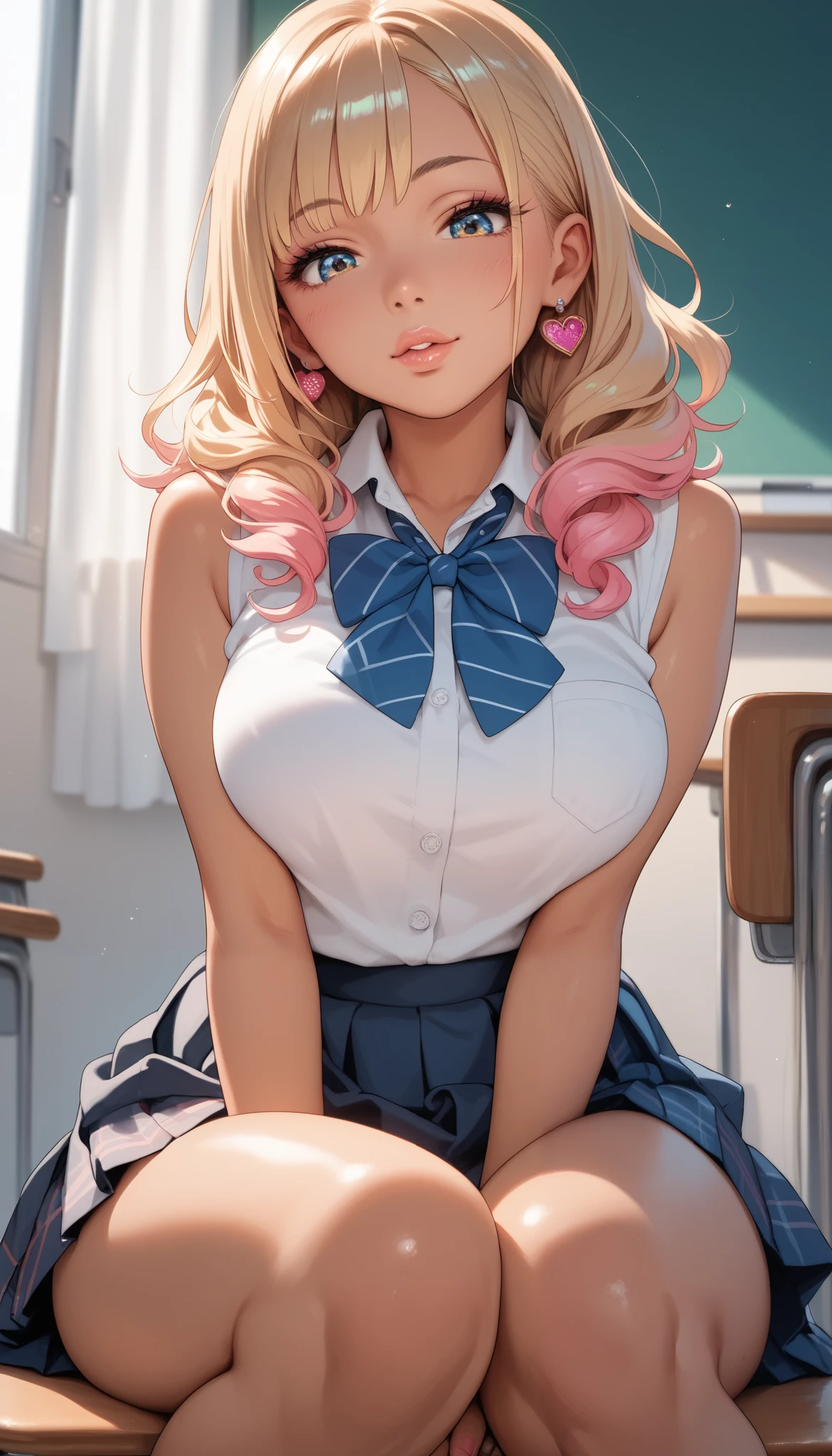 adorable girl,scrunchie , (wavy hair:0.4)  , school uniform,(blush:0.4), (:0.6), (suggestive:0.9), (sadistic smile:0.3), sleeveless, , (tanned skin, looking down on viewer:0.8),breast, thighs, knees, (thin lips:1.2),  gyaru