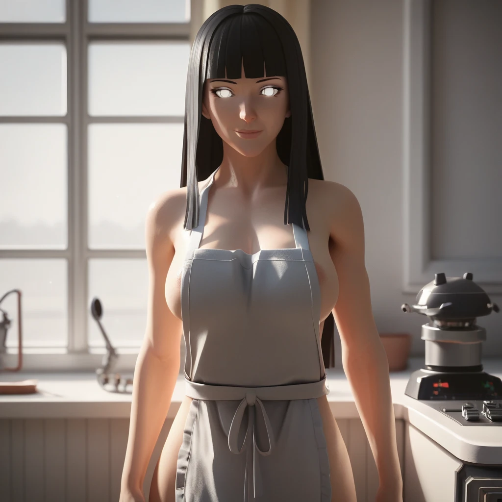 close up image of a person with a white apron and black hair, hinata hyuga, hinata hyuga from naruto, black hime cut hair, pin di , white hime cut hairstyle,(big breasts) cgi style, from naruto, seductive girl, shikamimi, realistic ones inspired by Kusumi Morikage, she has black hair with bangs