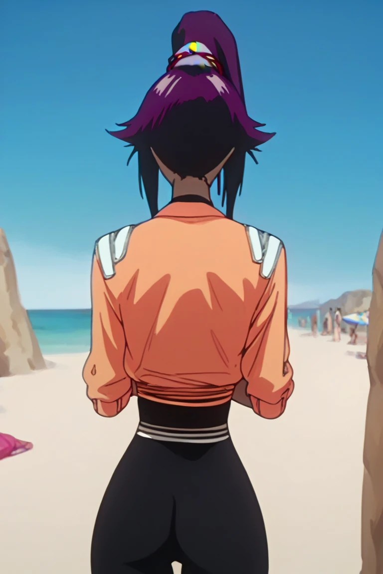  Very white goth woman hugging Yoruichi from behind, both wearing black bikinis , beach background