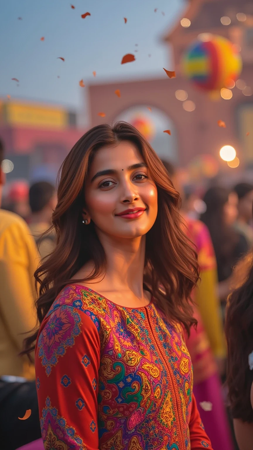 "Detailed portrait of a woman standing in the middle of a bustling festival, with colorful streamers, lanterns, and confetti floating around her. Her outfit is bold and festive, covered in intricate, multicolored embroidery. Her face is lit with warm golden light, and her joyful expression radiates energy. The vivid backdrop showcases a lively crowd and a sky filled with sparkling lights