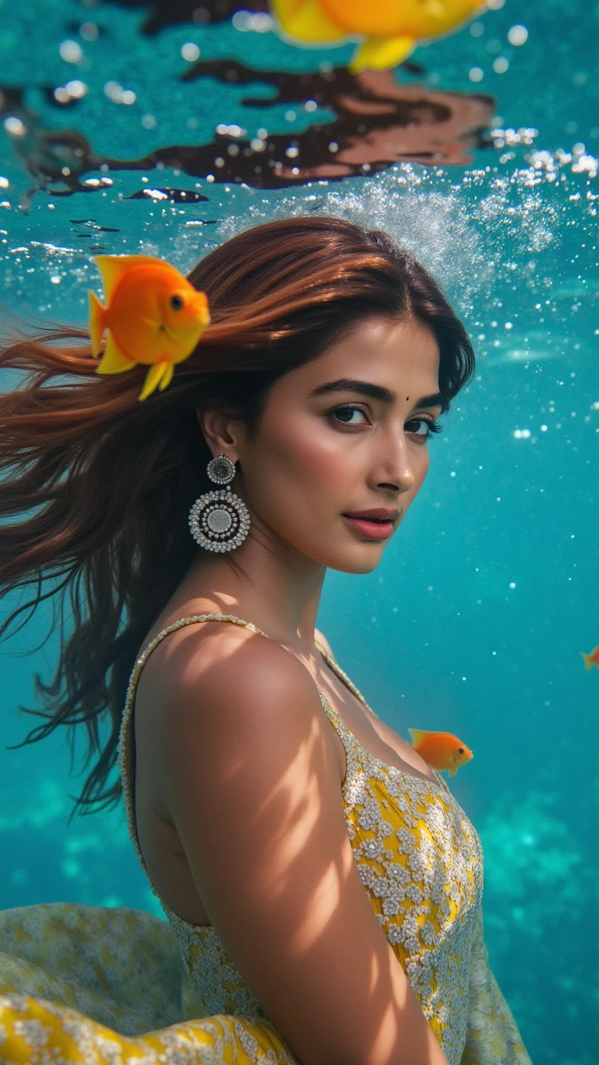 Striking portrait of a woman underwater, her hair and dress flowing gracefully in all directions. The water is illuminated with beams of refracted sunlight, creating colorful patterns on her skin. Surrounding her are tropical fish in bright shades of orange, yellow, and turquoise, adding vibrant pops of color to the serene, aquatic setting