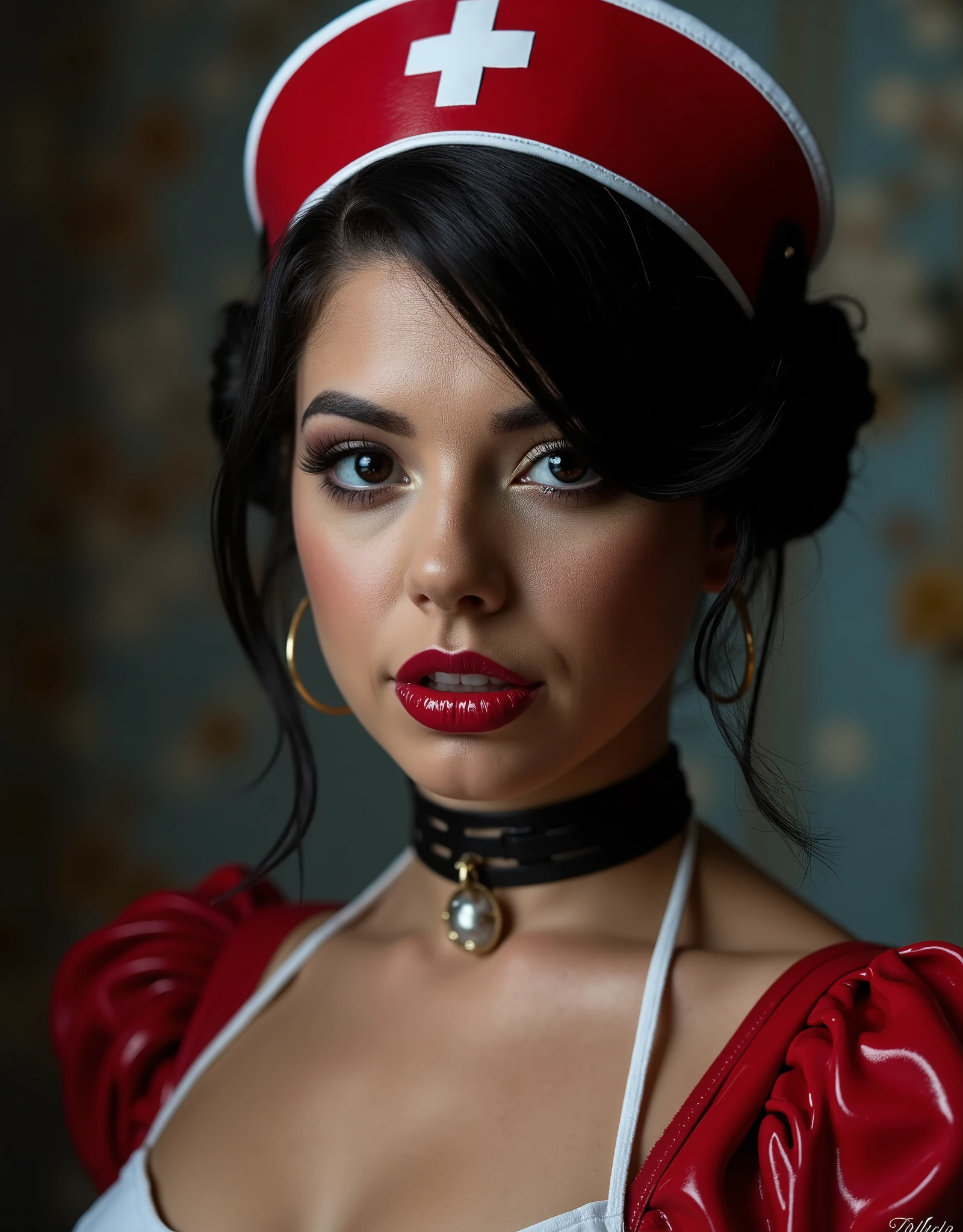 portrait of a Victorian nurse wearing a latex uniform, she is wearing red lip gloss, latex, kinky latex, latex choker, nurse hat, deep red lip vinyl gloss