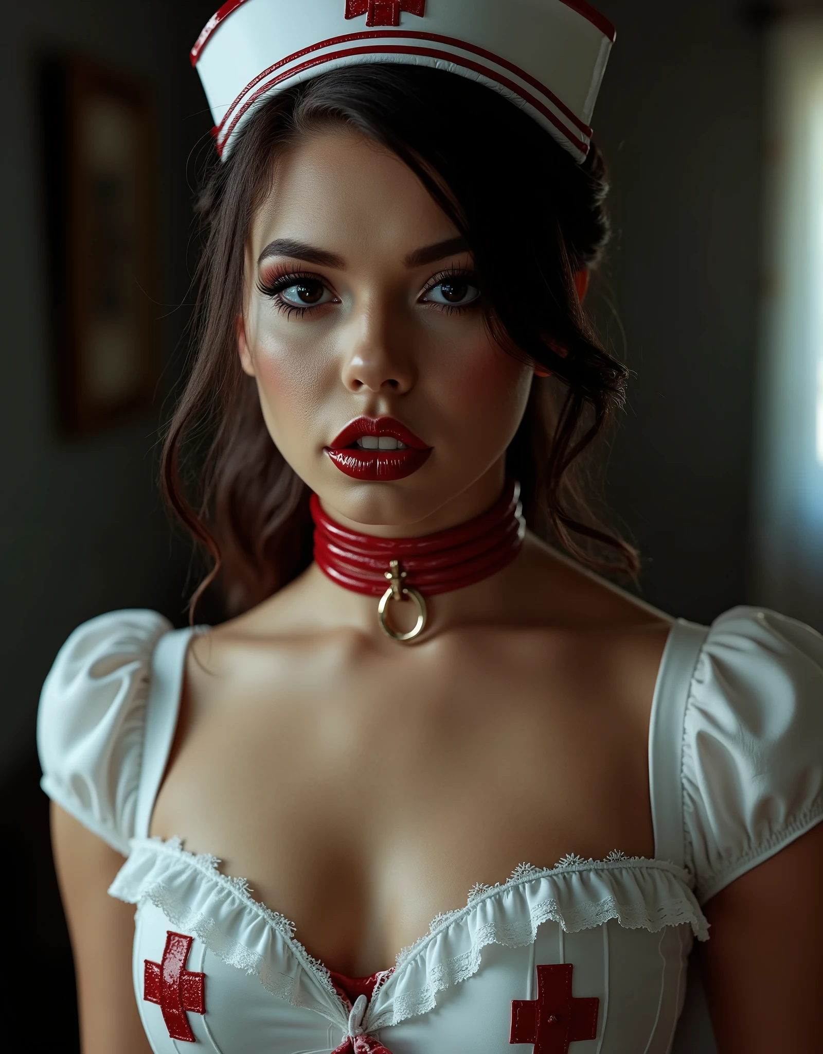 portrait of a Victorian nurse wearing a latex uniform, she is wearing red lip gloss, latex, kinky latex, latex choker, nurse hat, deep red lip vinyl gloss