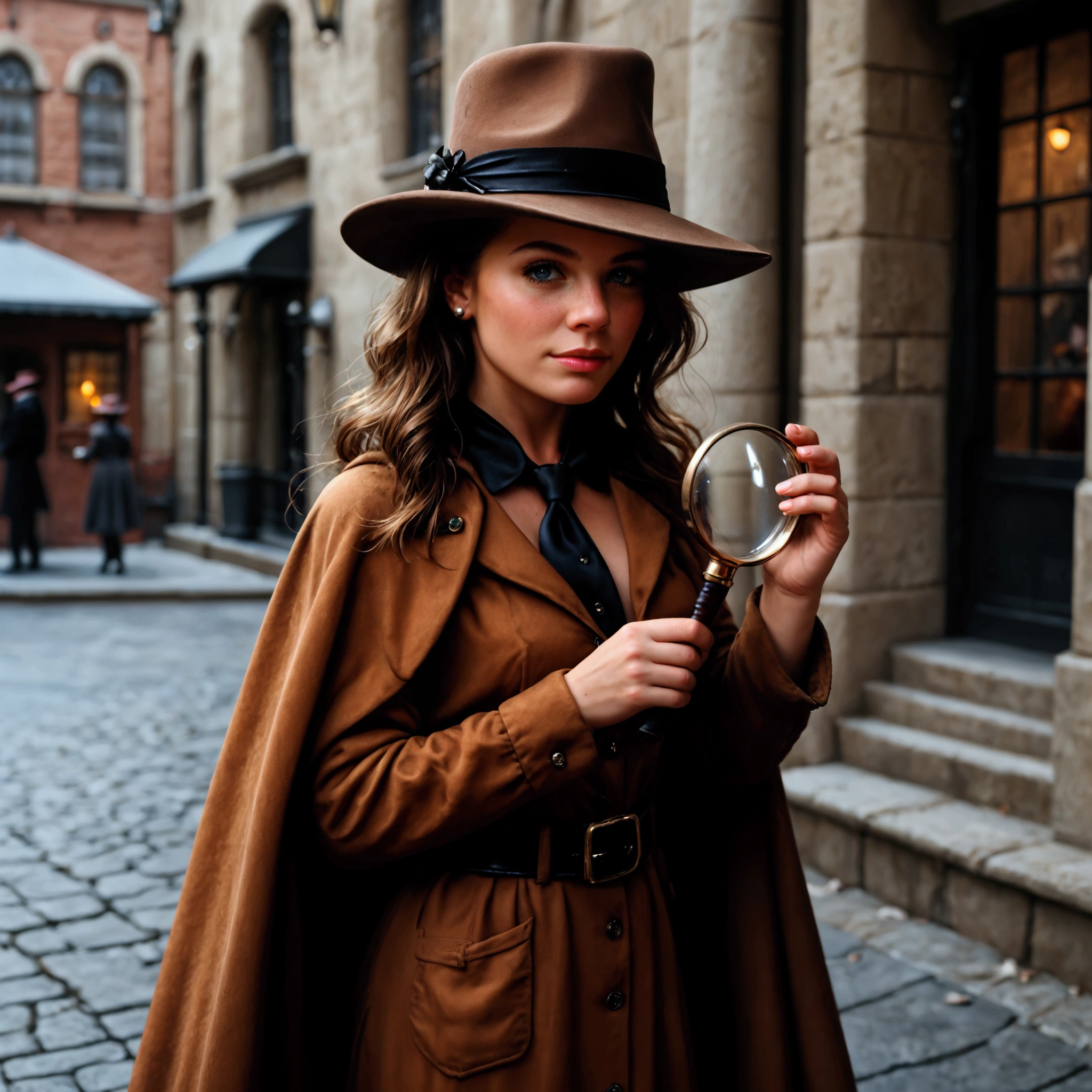 , a female detective in a cape, , with a fedora hat and a magnifying glass in her hand , , standing on a misty corner of the street , eyes narrowed in thoughtfulness .