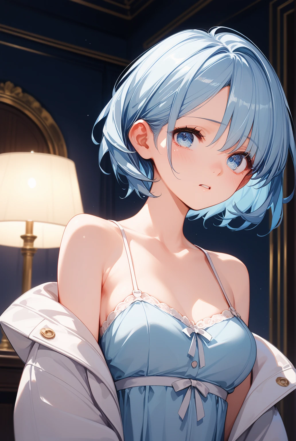 4K,8K,(masterpiece), (Highest quality), (Very detailed), (Disheveled Hair), (shape), (topless), Are standing, Fashion Model,Silver Hair、whole body、 Looking at the audience, (interview), (Simple Background), Beautiful and beautiful eyes, Delicate and beautiful face, floating, (High saturation), (topless), topless, (Shine), Focus on the face, ponytail, Ayaka Kamisato, Light blue hair, bangs, Hair Ring, floating , floating hair, (The Shining), Best lighting, Best Shadow, topless、whole body
