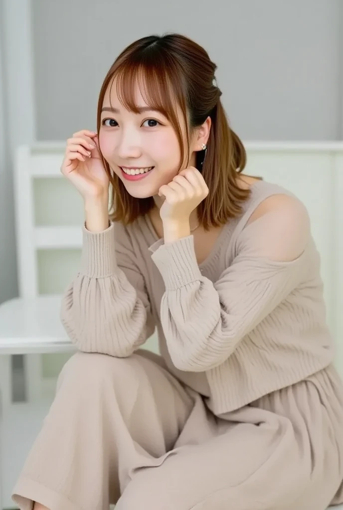  High Resolution ,  best quality ,  Perfect Dynamic Composition,   beautiful eyes in every detail  ,  off shoulder、Shiny Hair、 medium haired,  natural color lip,  College Aged、Harajuku、smile、Crouching、 M shaped legs  