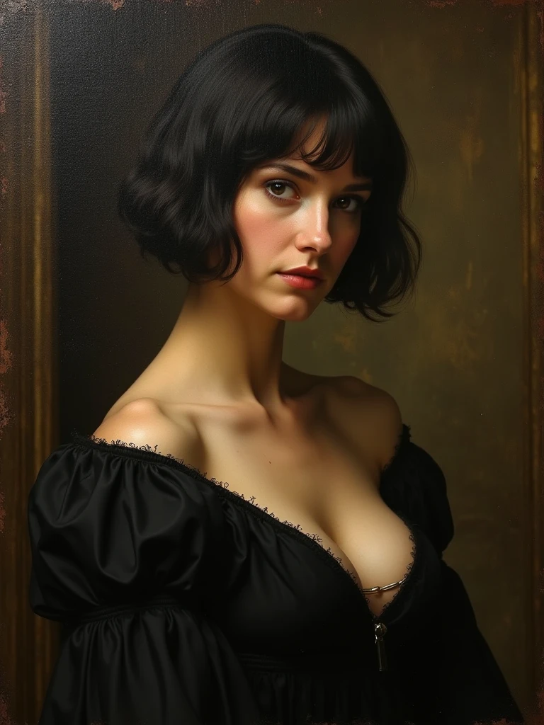 (realisti:1.2), Analog Photography Style, cute woman with short black hair and red bangs, red eyes, (gloomy and dark atmosphere), soft natural lighting, Faded colors, Nude, Sexy, pleasure, great quality, Masterpiece, Detailed fantasy backstory, Better Performance, 16k quality, HDR, RAW photo