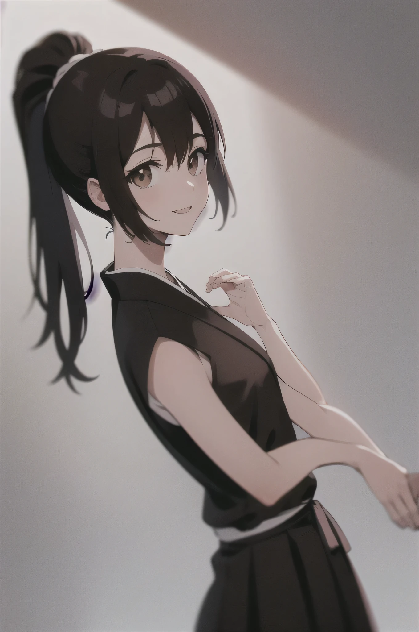 Masterpiece, best quality ,
from the side 1 girl , romantic love, black hair, ponytail, Van Cover, brown eyes, kimono, Black Hakama, black kimono ,I'm wearing a white sleeveless coat
smiling, Alone, is looking, simple background, white background